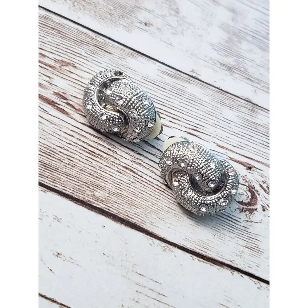 Vintage Clip On Earrings - Twisted Silver Tone & Clear Gem 1